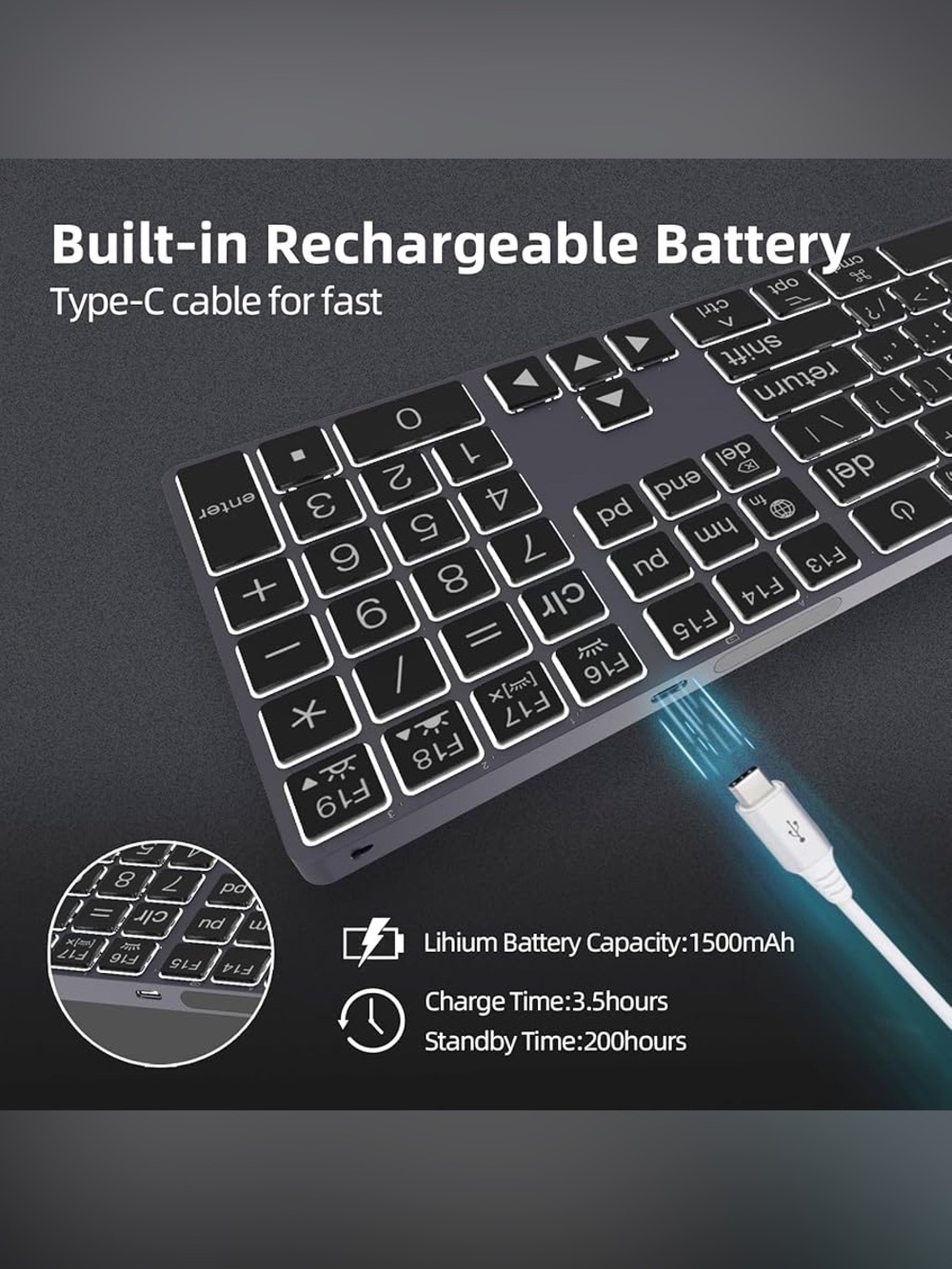 POWZAN Large Print Aluminum Bluetooth Keyboard for Mac / Ipad - 7 Backlit colors - Picture 4 of 16